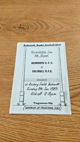 Bedworth v Solihull Jan 1989 Warwickshire Cup 4th Round Rugby Programme