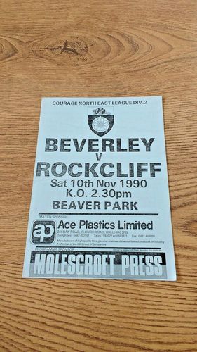 Beverley v Rockcliff Nov 1990 Rugby Programme
