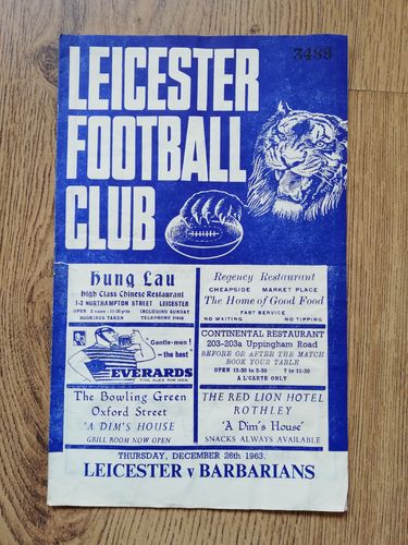 Leicester v Barbarians Dec 1963 Rugby Programme