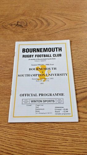 Bournemouth v Southampton University Mar 1993 Rugby Programme
