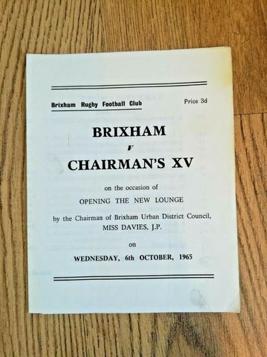 Brixham v Chairman's XV Oct 1965 Rugby Programme