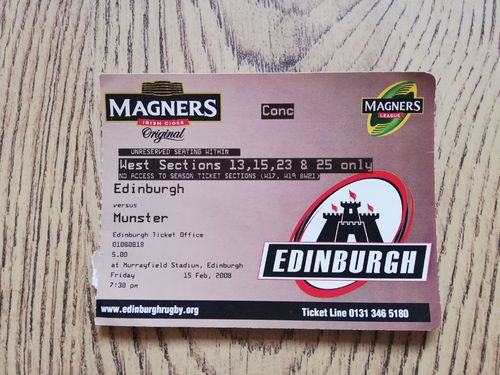 Edinburgh v Munster Feb 2008 Rugby Ticket