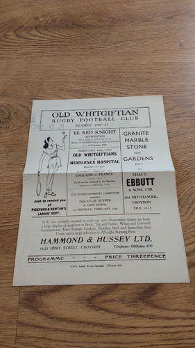Old Whitgiftians v Middlesex Hospital Feb 1953 Rugby Programme