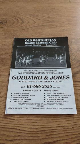 Old Whitgiftians v Old Rutlishians Feb 1989 Rugby Programme