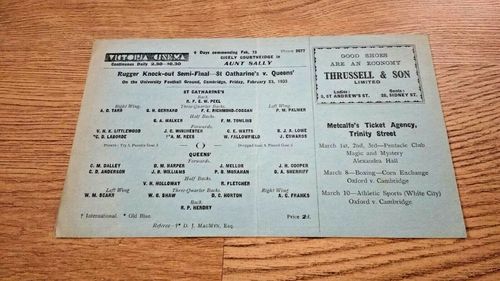 St Catherine's v Queens (Cambridge University) 1933 Semi-Final Rugby Programme