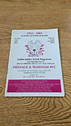 Swanage & Wareham President's XV v Zinzan Brooke Select XV 2003 Rugby Programme