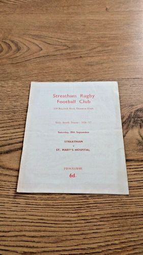 Streatham v St Marys Hospital Sept 1956 Rugby Programme