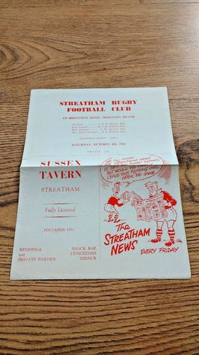 Streatham v Old Whitgiftians Oct 1962 Rugby Programme
