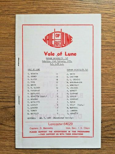 Vale of Lune v Durham University 'A'  Feb 1976 Rugby Programme