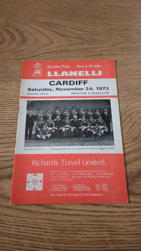 Llanelli v Cardiff Nov 1973 Rugby Programme