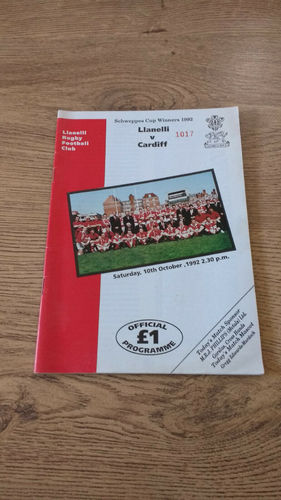 Llanelli v Cardiff Oct 1992 Rugby Programme