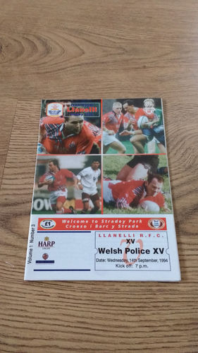 Llanelli v Welsh Police XV Sept 1994 Rugby Programme