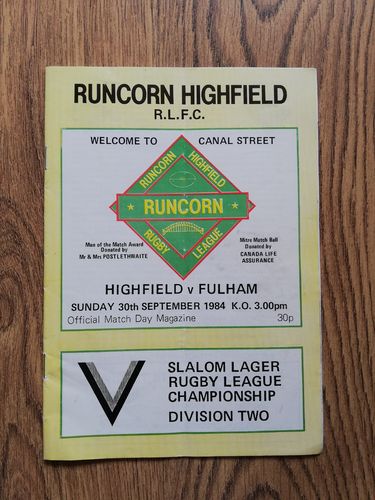 Runcorn Highfield v Fulham Sept 1984 Rugby League Programme