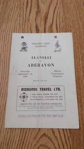 Llanelli v Aberavon Sept 1968 Rugby Programme