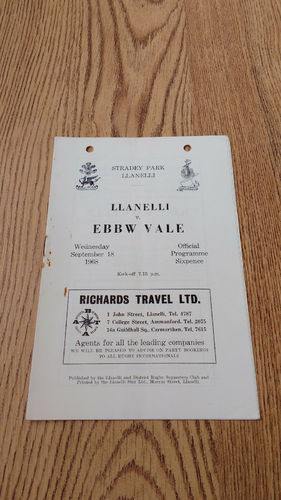 Llanelli v Ebbw Vale Sept 1968 Rugby Programme