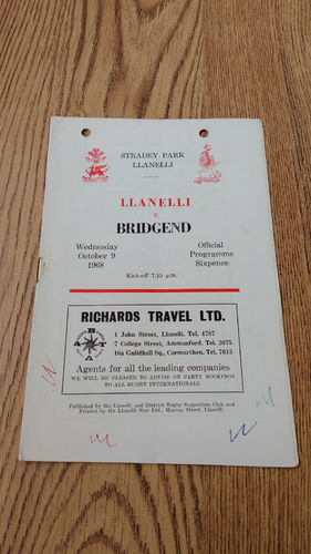 Llanelli v Bridgend Oct 1968 Rugby Programme