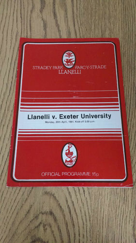 Llanelli v Exeter University Apr 1981 Rugby Programme