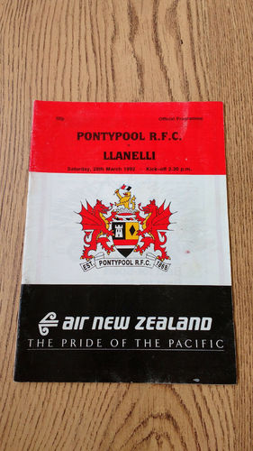 Pontypool v Llanelli Mar 1992 Rugby Programme