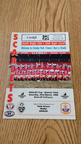 Llanelli v Cardiff Mar 1996 Swalec Cup Quarter-Final Rugby Programme