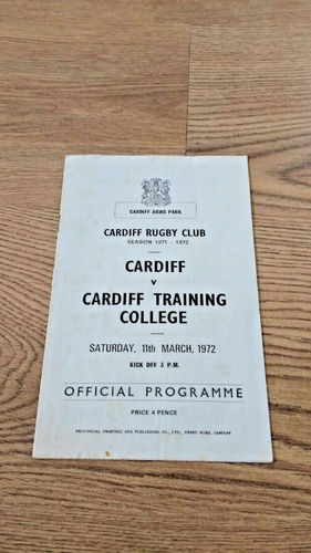 Cardiff v Cardiff Training College Mar 1972 Rugby Programme