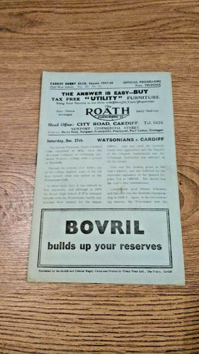 Cardiff v Watsonians Dec 1947 Rugby Programme