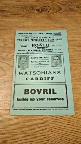 Cardiff v Watsonians Dec 1948 Rugby Programme