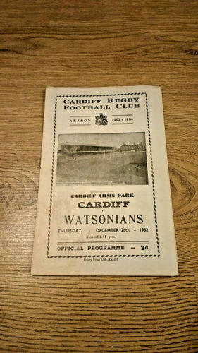 Cardiff v Watsonians Dec 1962 Rugby Programme