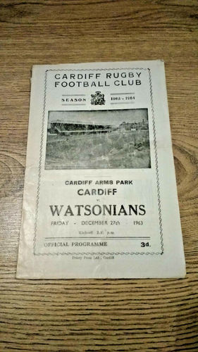 Cardiff v Watsonians Dec 1963 Rugby Programme