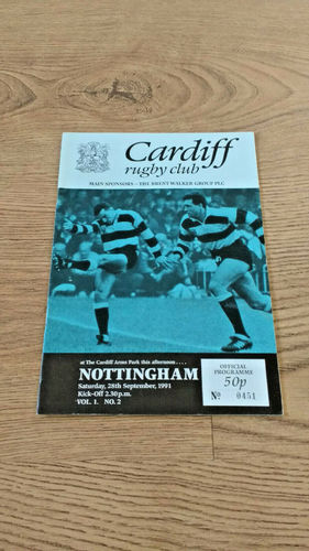 Cardiff v Nottingham Sep 1991 Rugby Programme