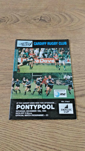 Cardiff v Pontypool Dec 1993 Swalec Cup 4th round Rugby Programme