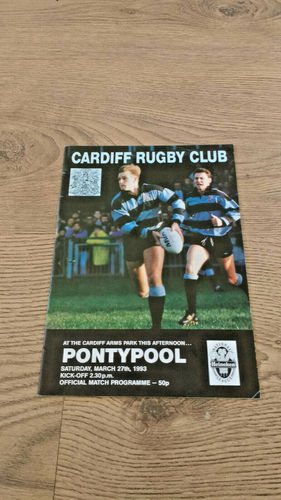 Cardiff v Pontypool Mar 1993 Rugby Programme