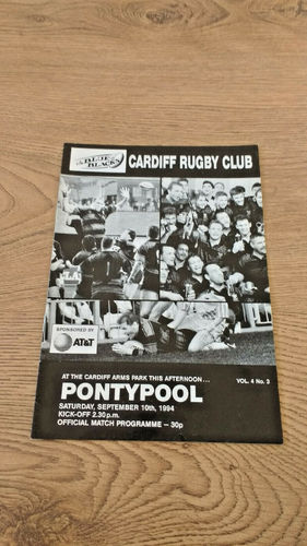 Cardiff v Pontypool Sept 1994 Rugby Programme