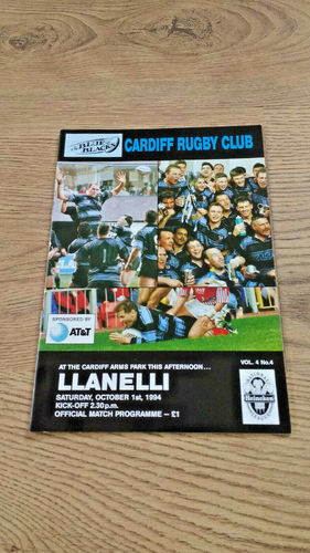 Cardiff v Llanelli Oct 1994 Rugby Programme