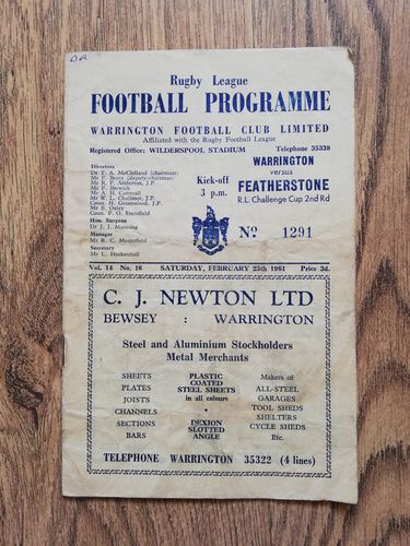 Warrington v Featherstone Feb 1961 Challenge Cup RL Programme
