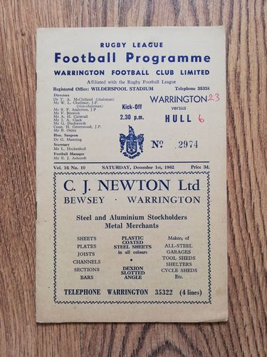 Warrington v Hull Dec 1962 Rugby League Programme