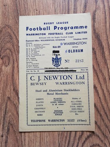 Warrington v Oldham May 1963 Rugby League Programme
