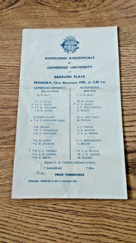 Edinburgh Academicals v Cambridge University Dec 1949 Rugby Programme