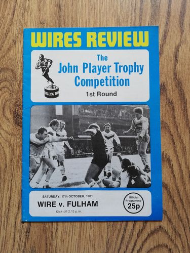 Warrington v Fulham Oct 1981 John Player Trophy Rugby League Programme