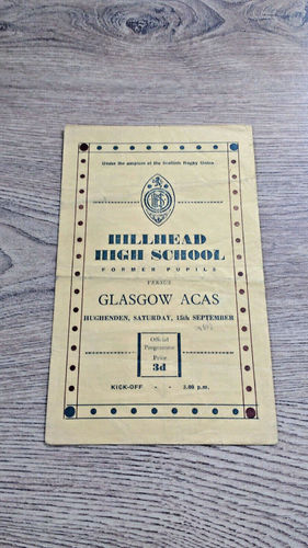 Hillhead High School FP v Glasgow Academicals Rugby Programme