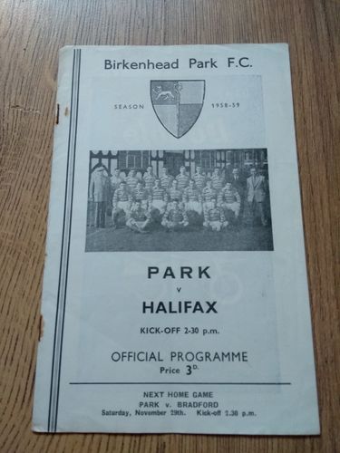 Birkenhead Park v Halifax Nov 1958 Rugby Programme
