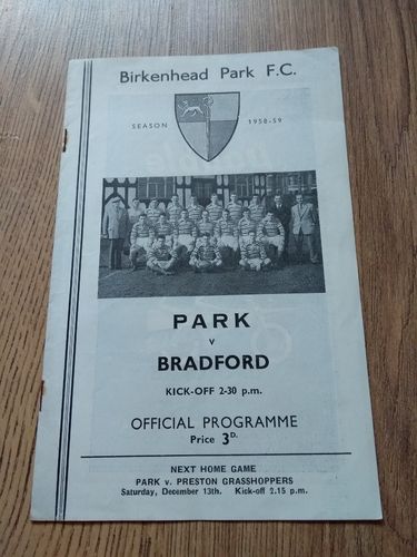 Birkenhead Park v Bradford Nov 1958 Rugby Programme