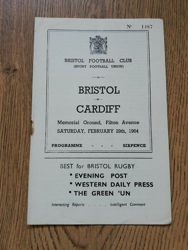 Bristol v Cardiff Feb 1964 Rugby Programme