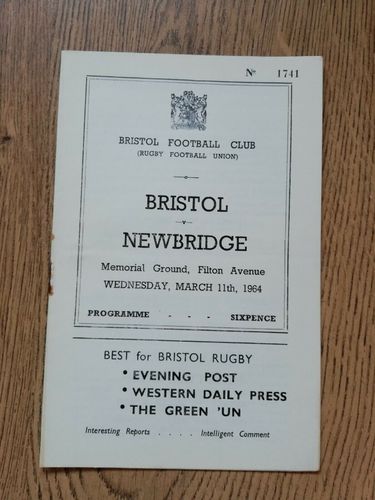 Bristol v Newbridge Mar 1964 Rugby Programme