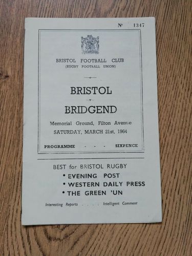 Bristol v Bridgend Mar 1964 Rugby Programme