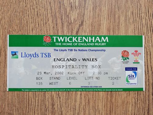 England v Wales 2002 Used Rugby Hospitality Box Ticket