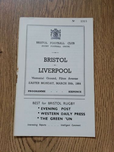 Bristol v Liverpool Mar 1964 Rugby Programme