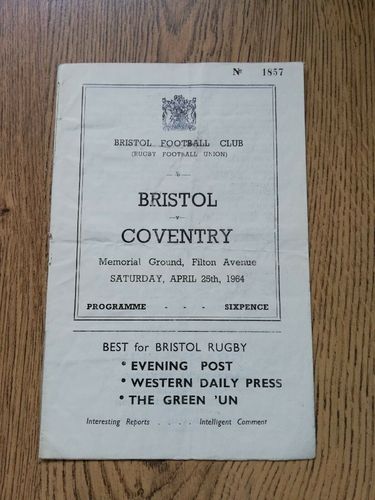 Bristol v Coventry Apr 1964 Rugby Programme