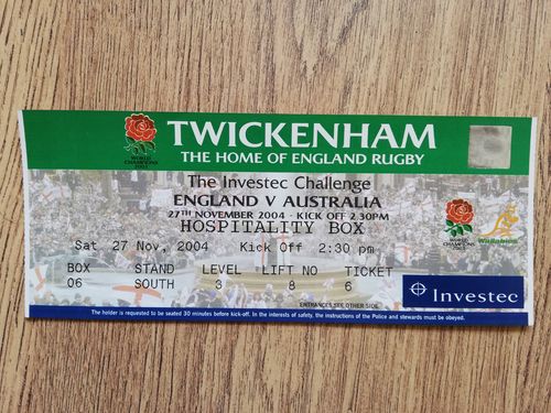England v Australia 2004 Used Rugby Hospitality Box Ticket
