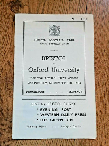 Bristol v Oxford University Nov 1964 Rugby Programme
