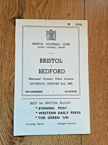 Bristol v Bedford Jan 1965 Rugby Programme
